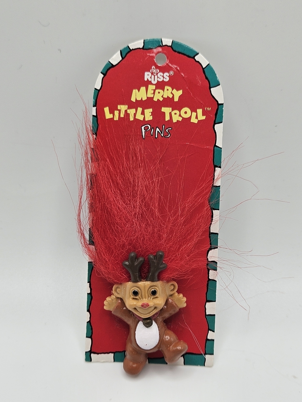 NEW VINTAGE Merry Little Troll Russ Christmas Red Hair Reindeer Pin Brooch VTG